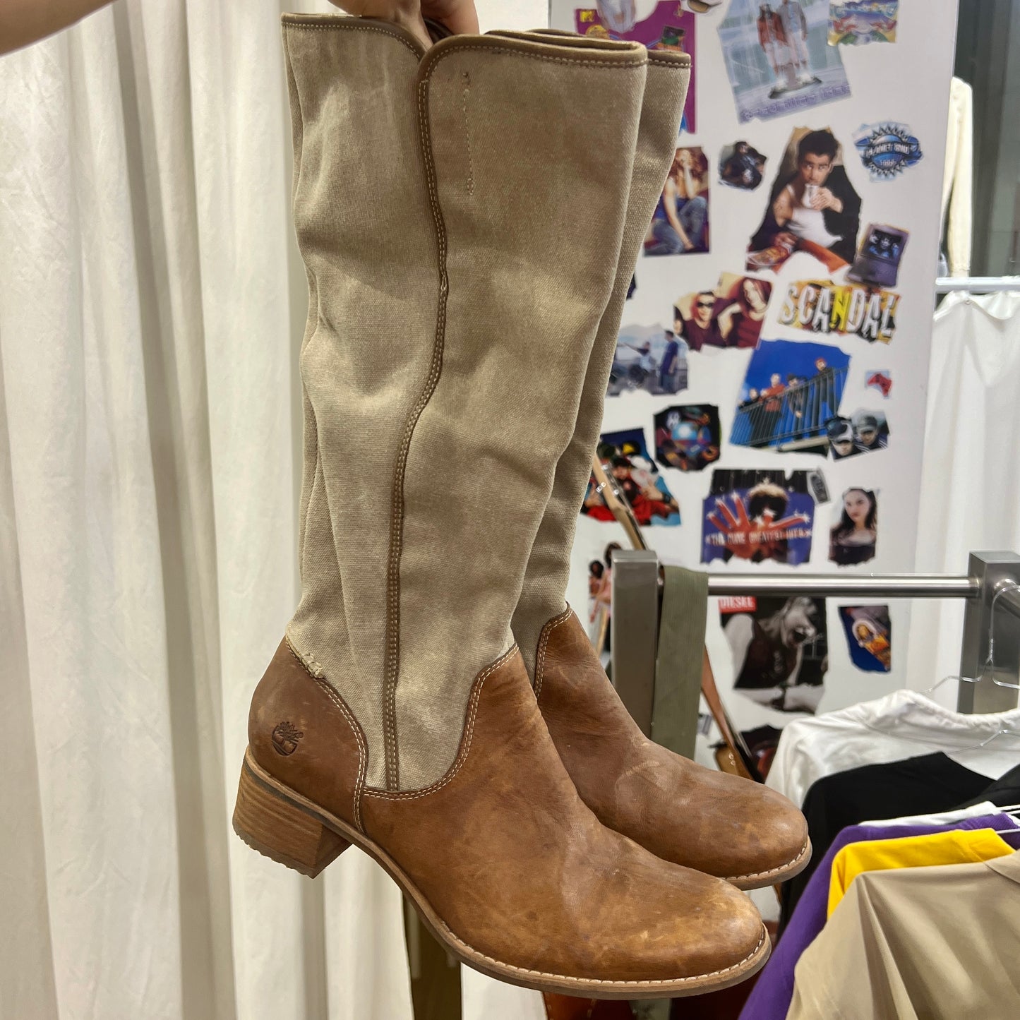 timberland brown leather beige canvas knee high equestrian boots