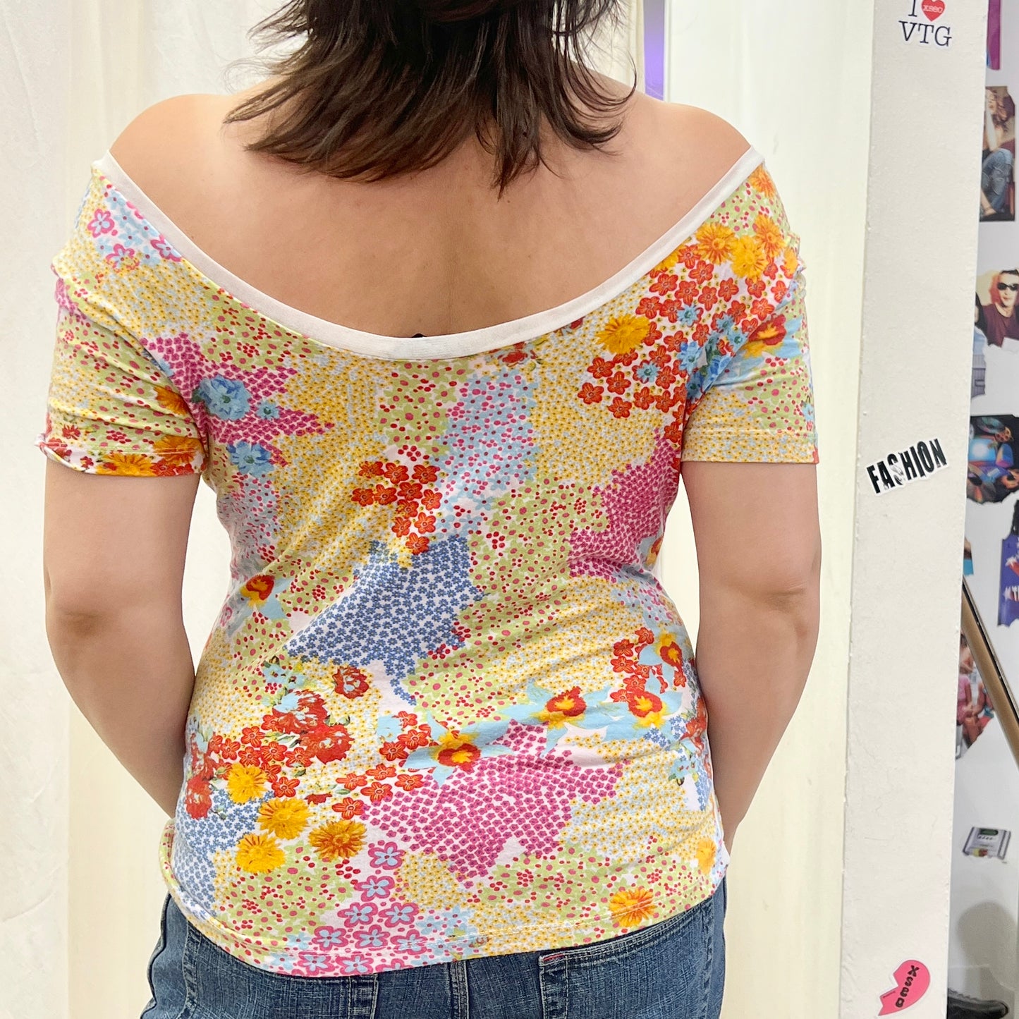 project 00s white off the shoulder tshirt with floral print