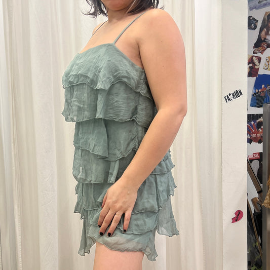 00s aqua silk ruffle minidress with spaghetti straps