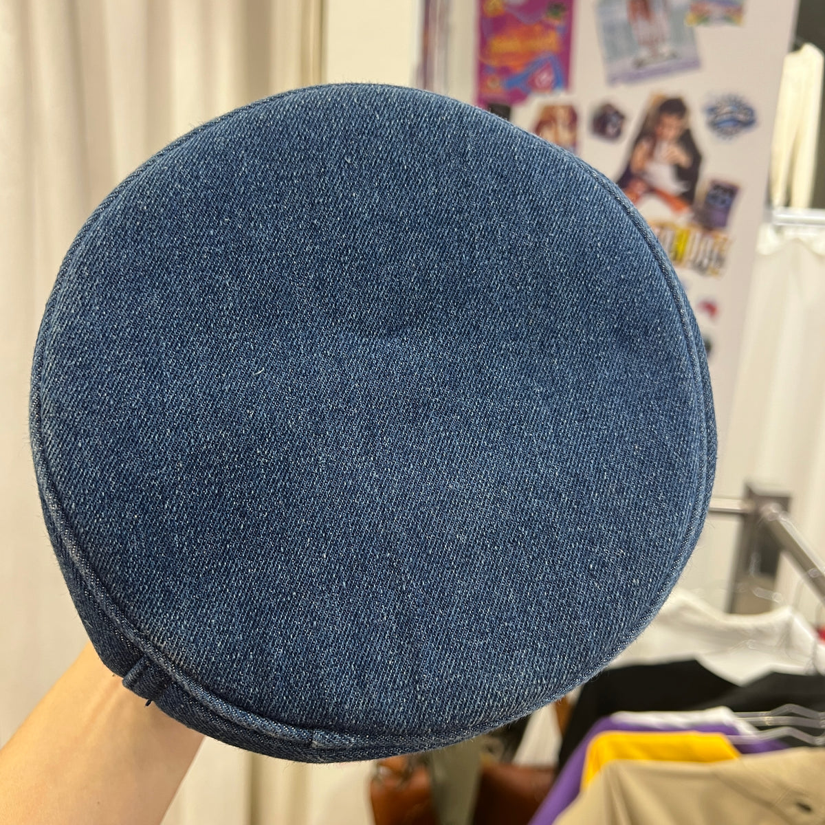 00s dark wash denim round beauty case with pink zipper