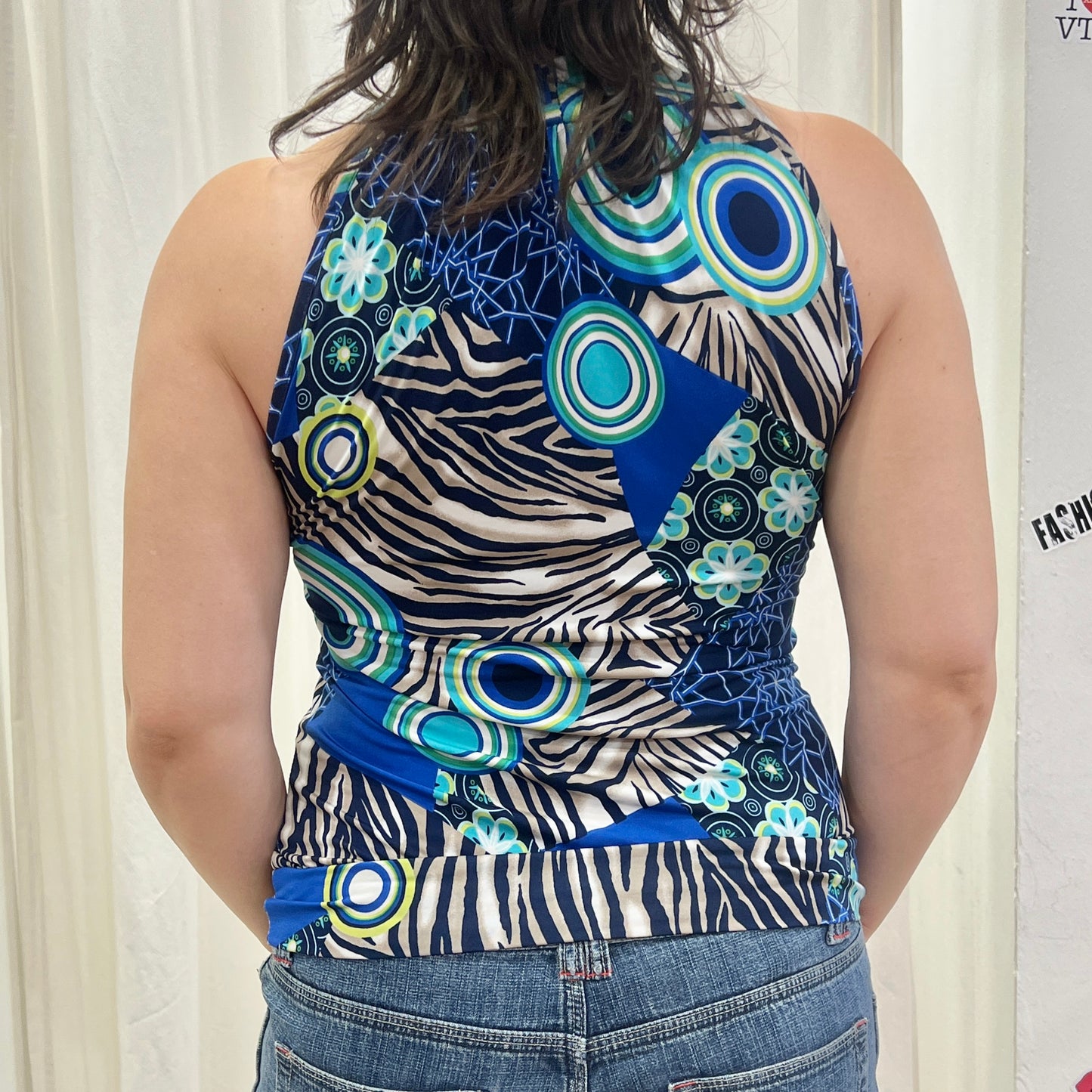 rinascimento 00s blue geometric and zebra print halter top