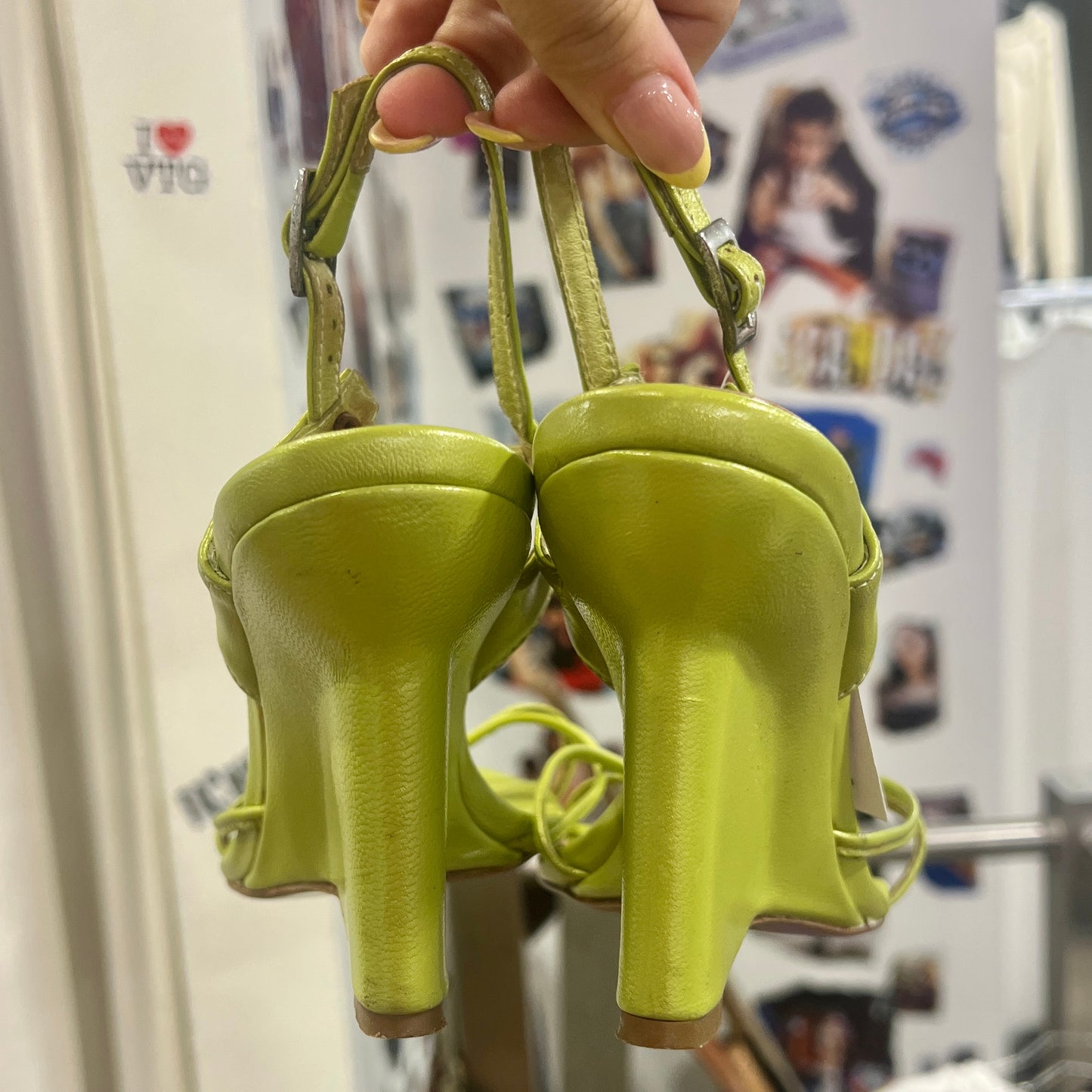 patrizia pancaldi 00s lime green leather flared heel sandals