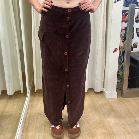 00s brown velvet button up tube maxi skirt