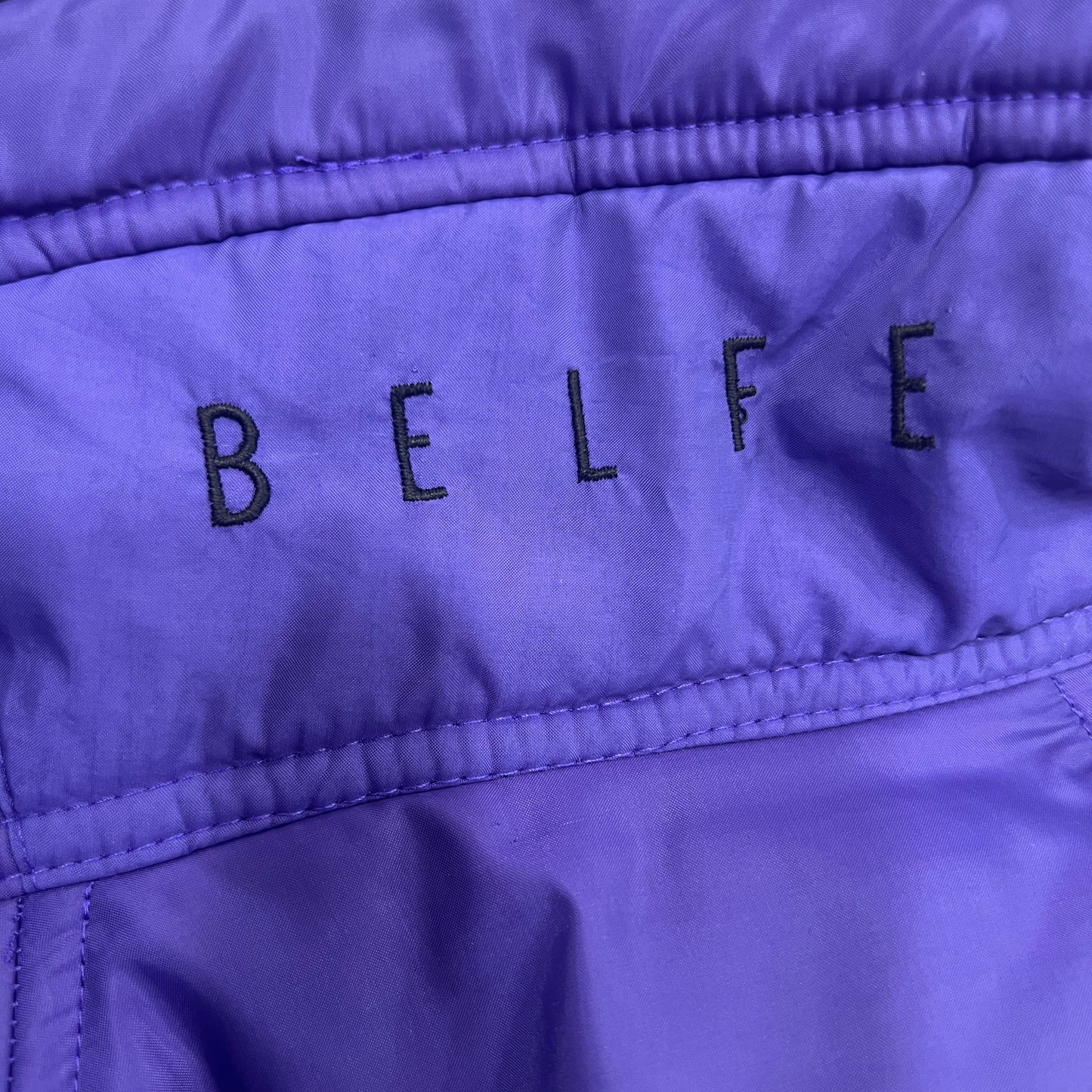belfe 90s purple puffer jacket with padded shoulders