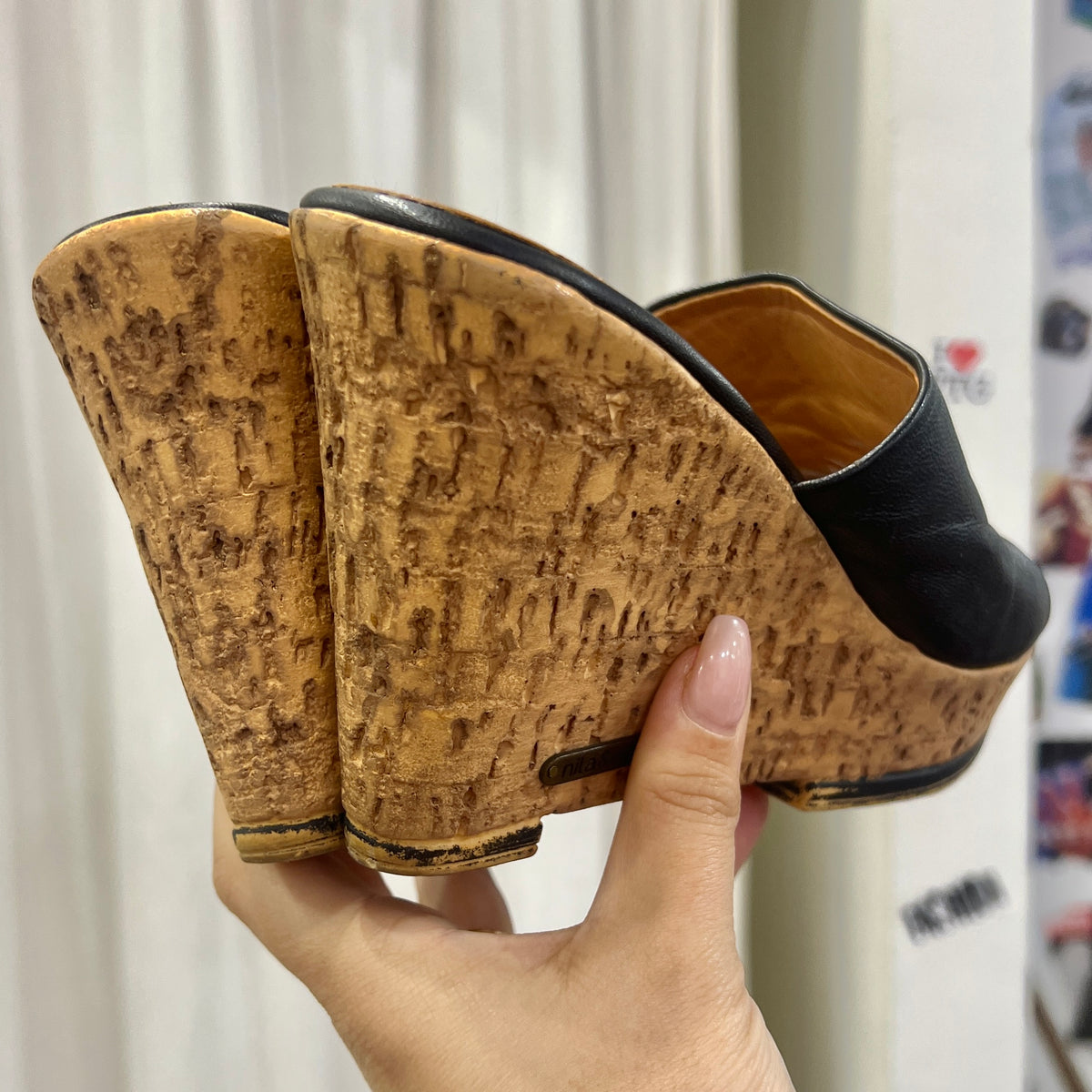 nila&nila black leather cork platform heel sandals