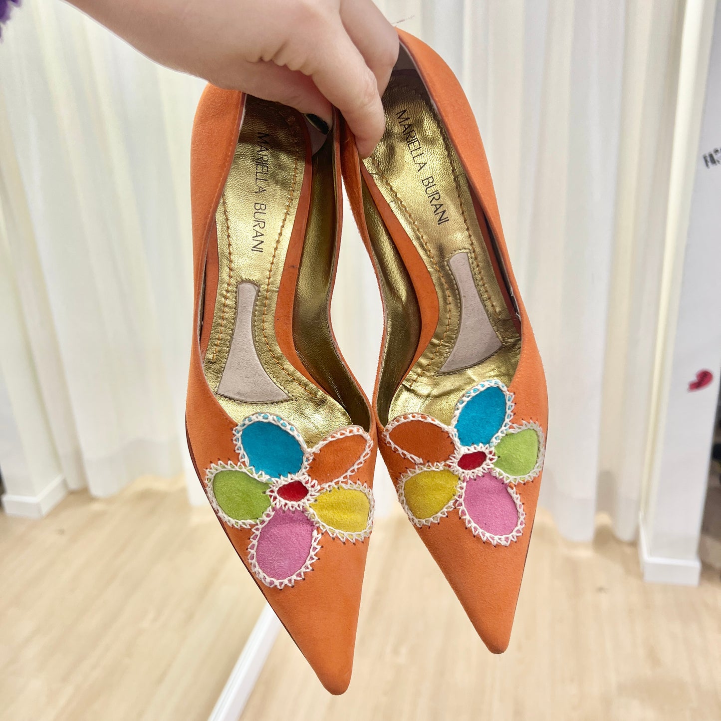 mariella burani 00s orange suede heels with colorful flower