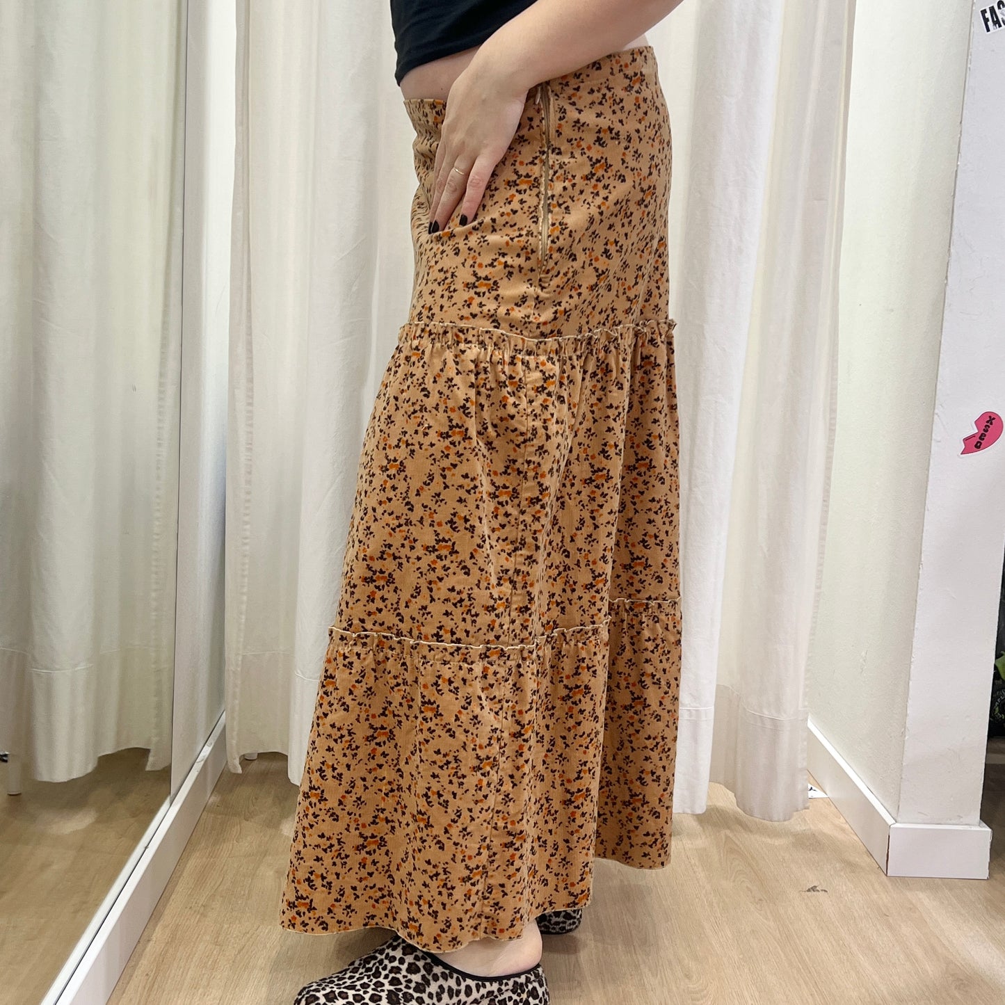 00s handmade tan corduroy velvet maxi skirt with floral print