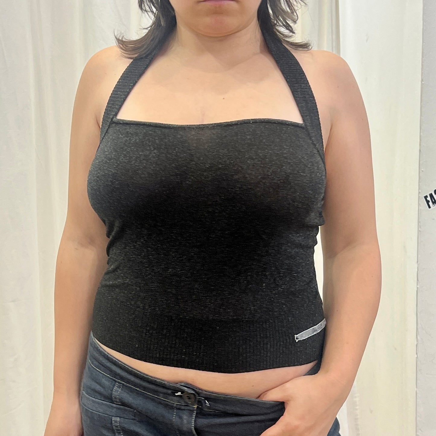 miss sixty 00s black crop halter top with silver metallic thread