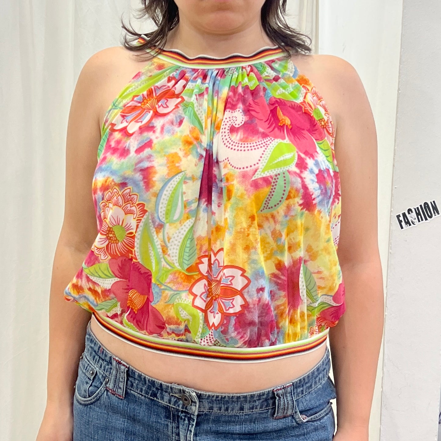 occhi verdi la perla 00s multicolor floral sheer baloon halter top
