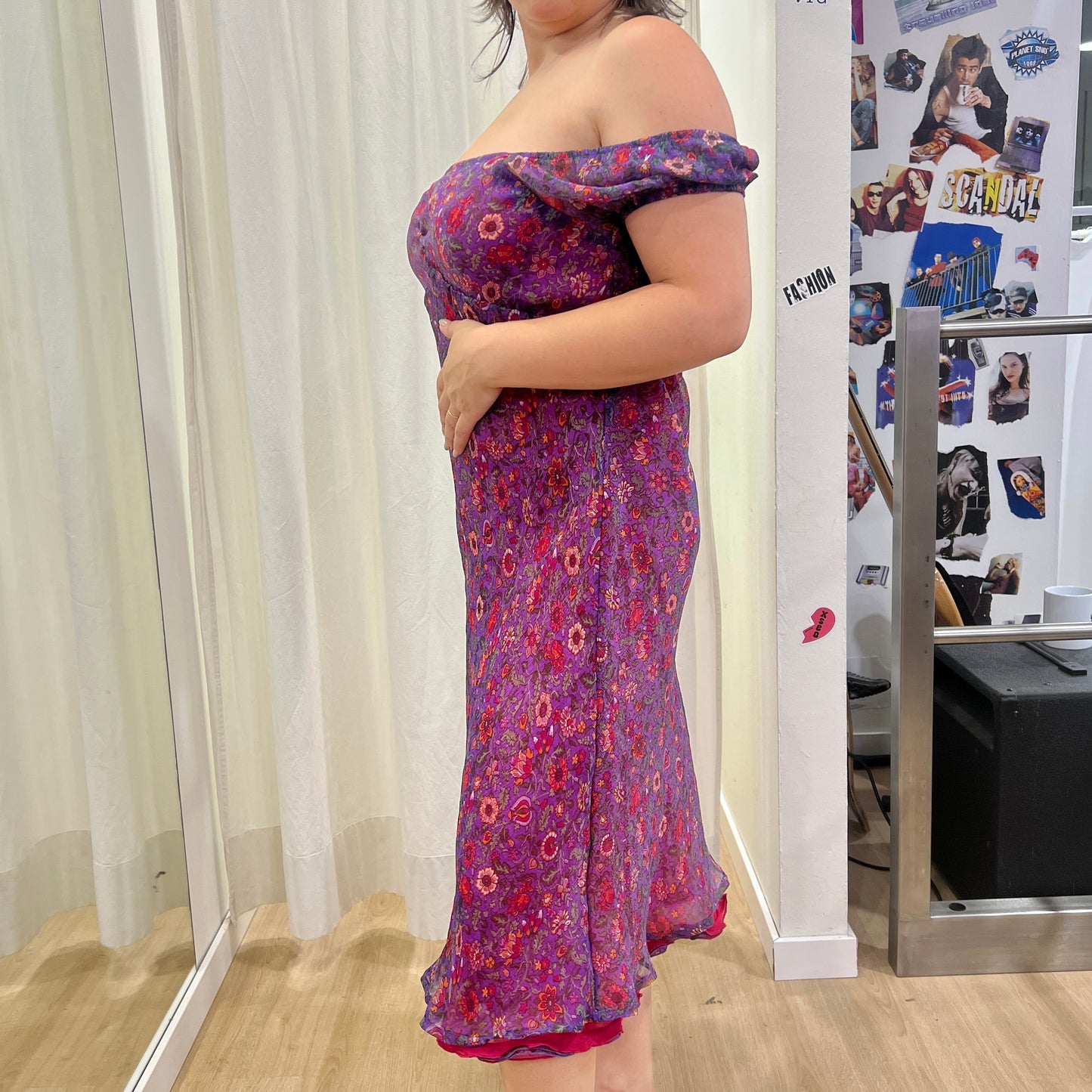 00s purple silk off the shoulder midi floral dress