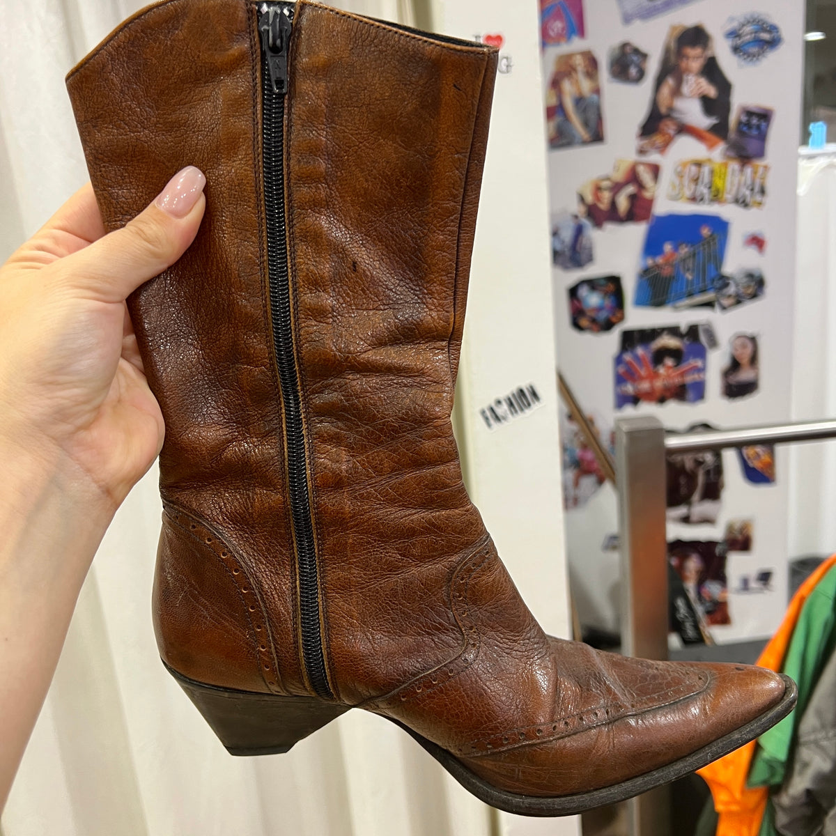 rush brown leather western cowboy mid calf pointy chunky heel boots