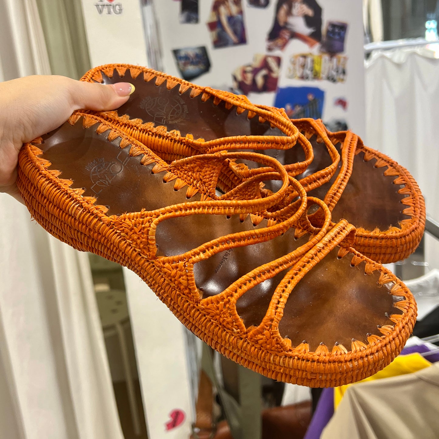 espace 00s orange woven raffia brown leather sandals
