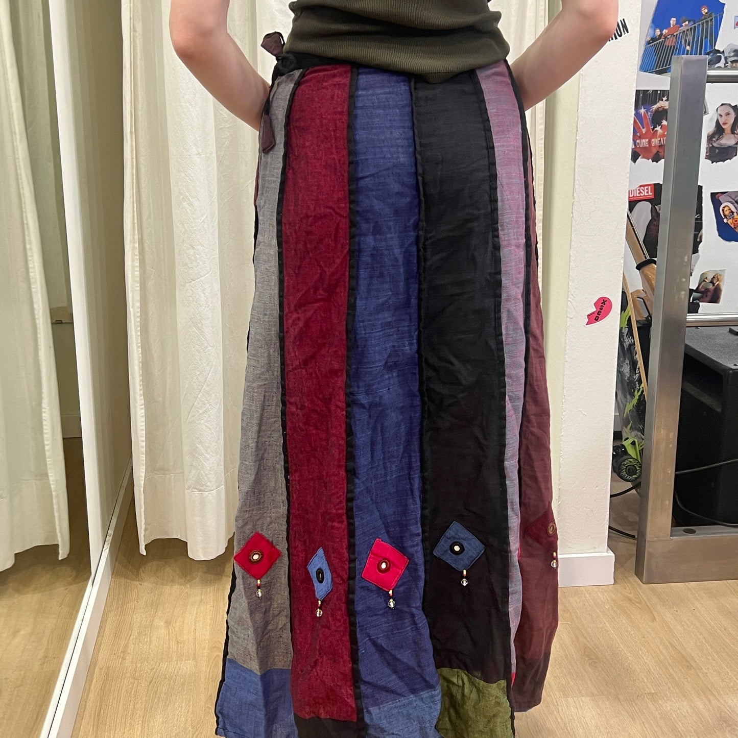 contro corrente 00s red blue hippie maxi skirt with cowrie shell belt