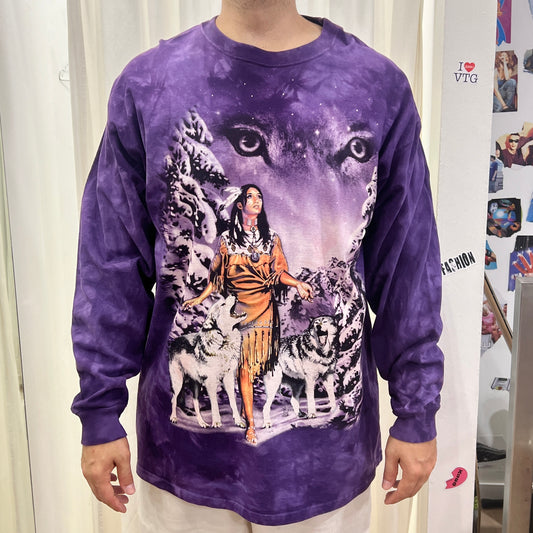 the mountain purple long sleeve tiedye tshirt with native american print