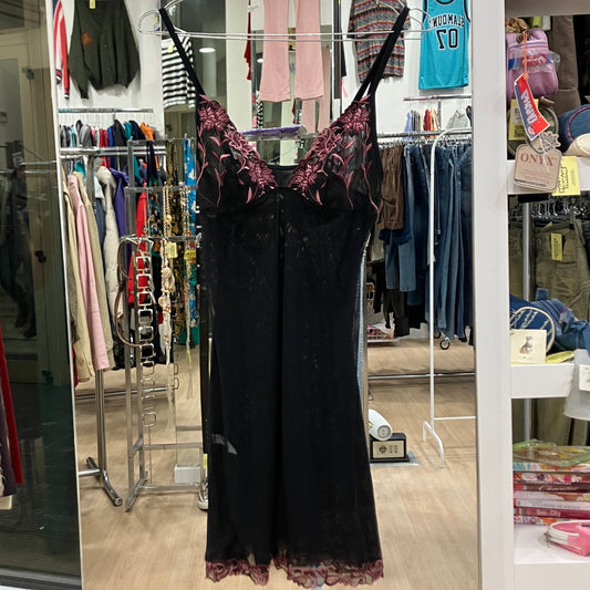 rosapois 00s black fishnet slip dress with pink lace