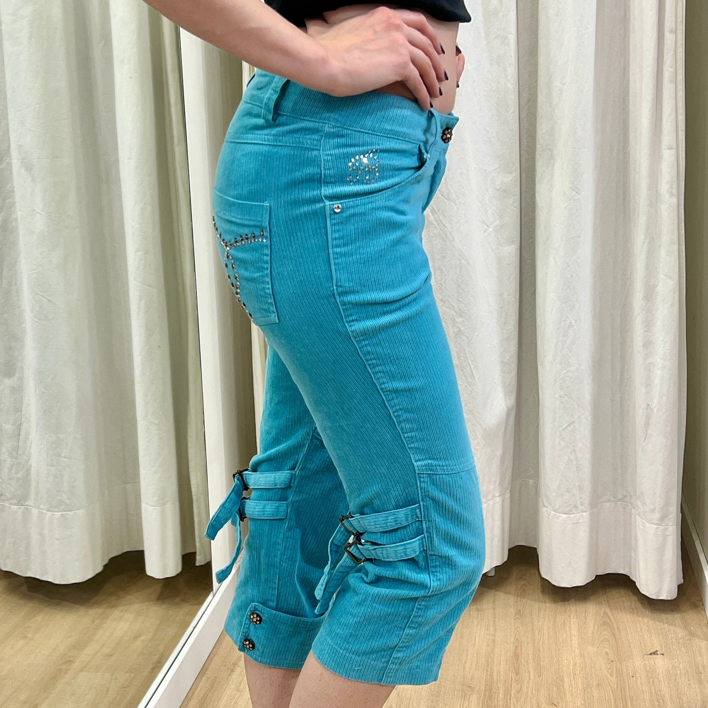 blumarine 00s turquoise corduroy velvet capri pants with rhynestones
