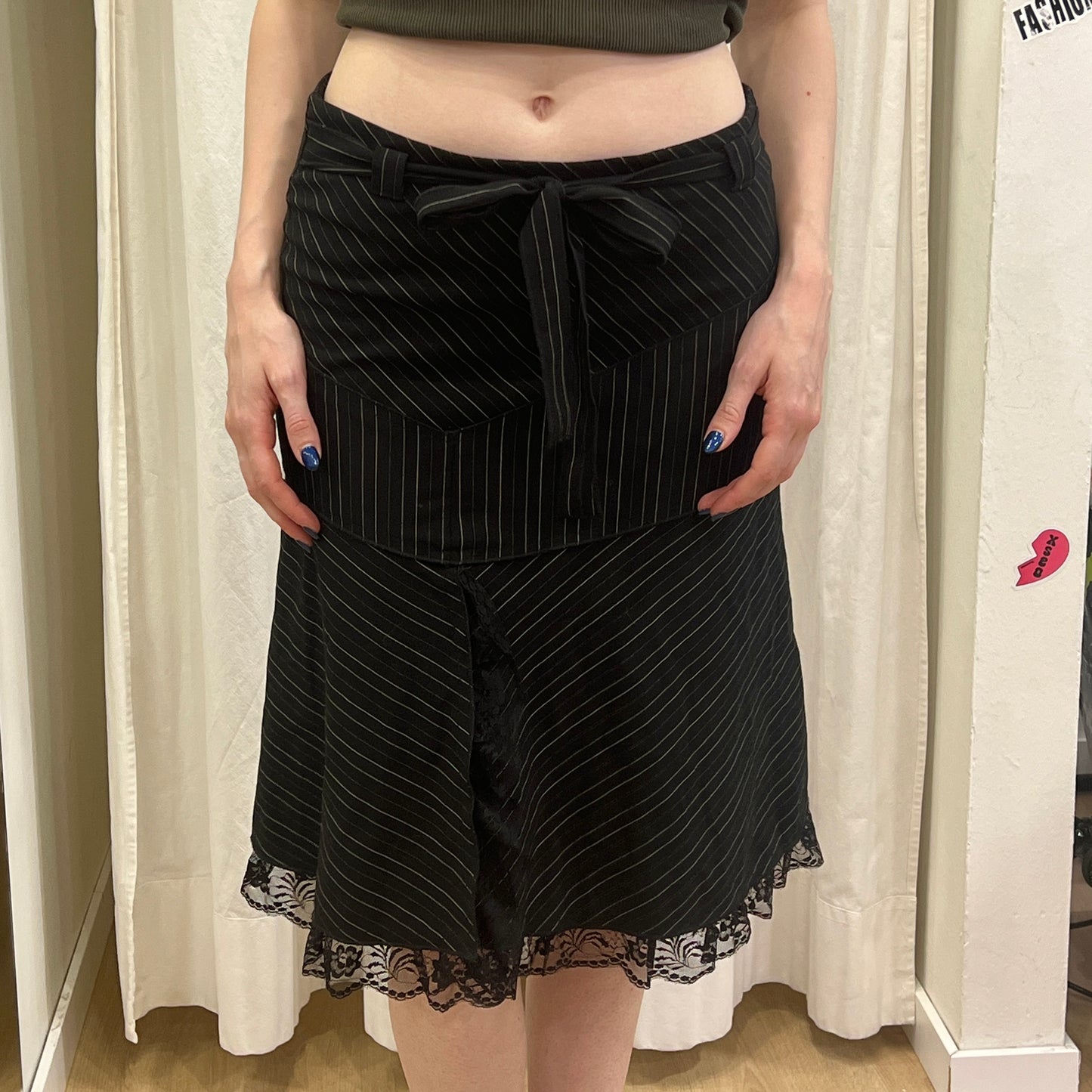 morgan de toi 00s black pinstripe midi skirt with lace trim