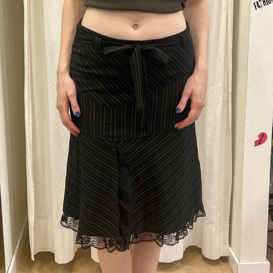morgan de toi 00s black pinstripe midi skirt with lace trim