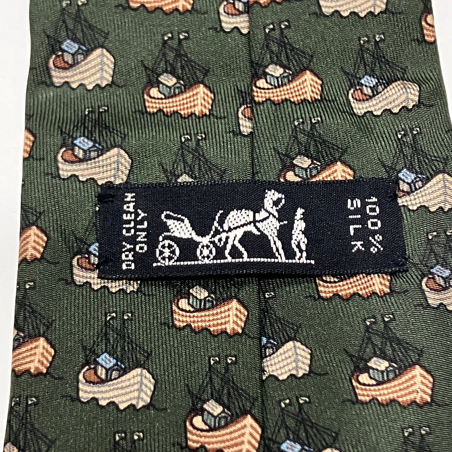 hermes 90s army green silk tie with sailing boats print