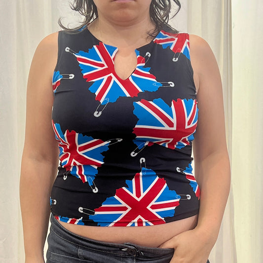 chichi's paris 00s black tank top with uk union jack flags and silver glitter safety pins