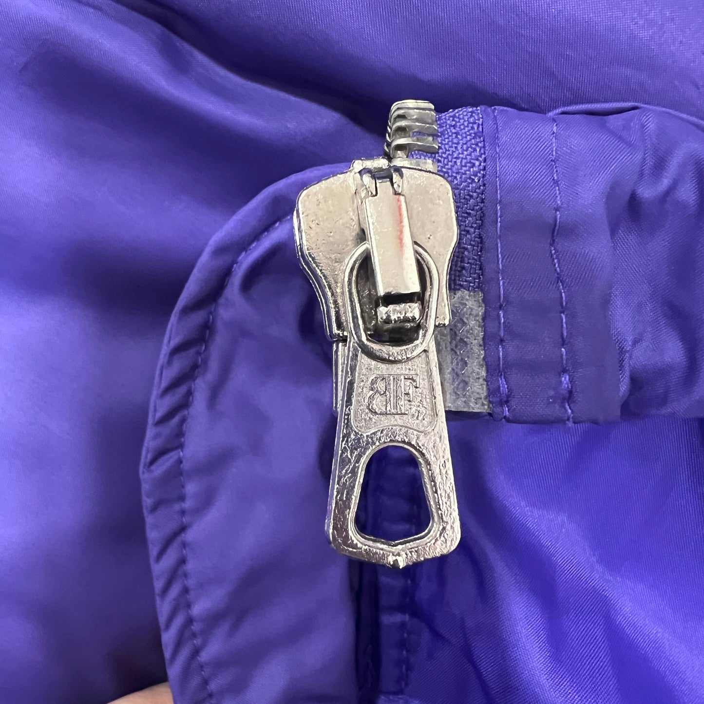 belfe 90s purple puffer jacket with padded shoulders