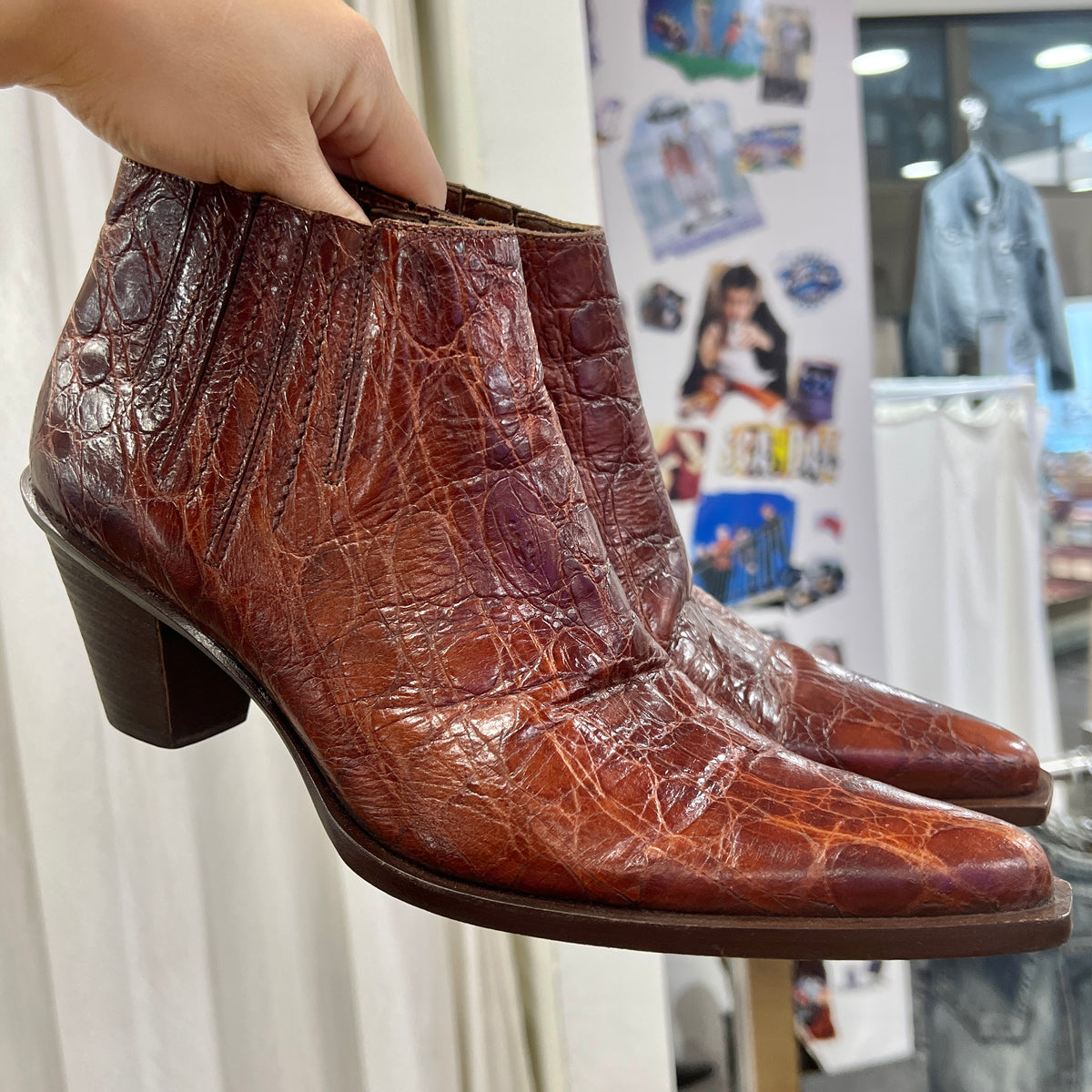 the saddler brown croc print leather cowboy ankle boots