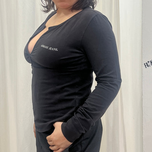 armani AJ 00s black deep v neck long sleeve top