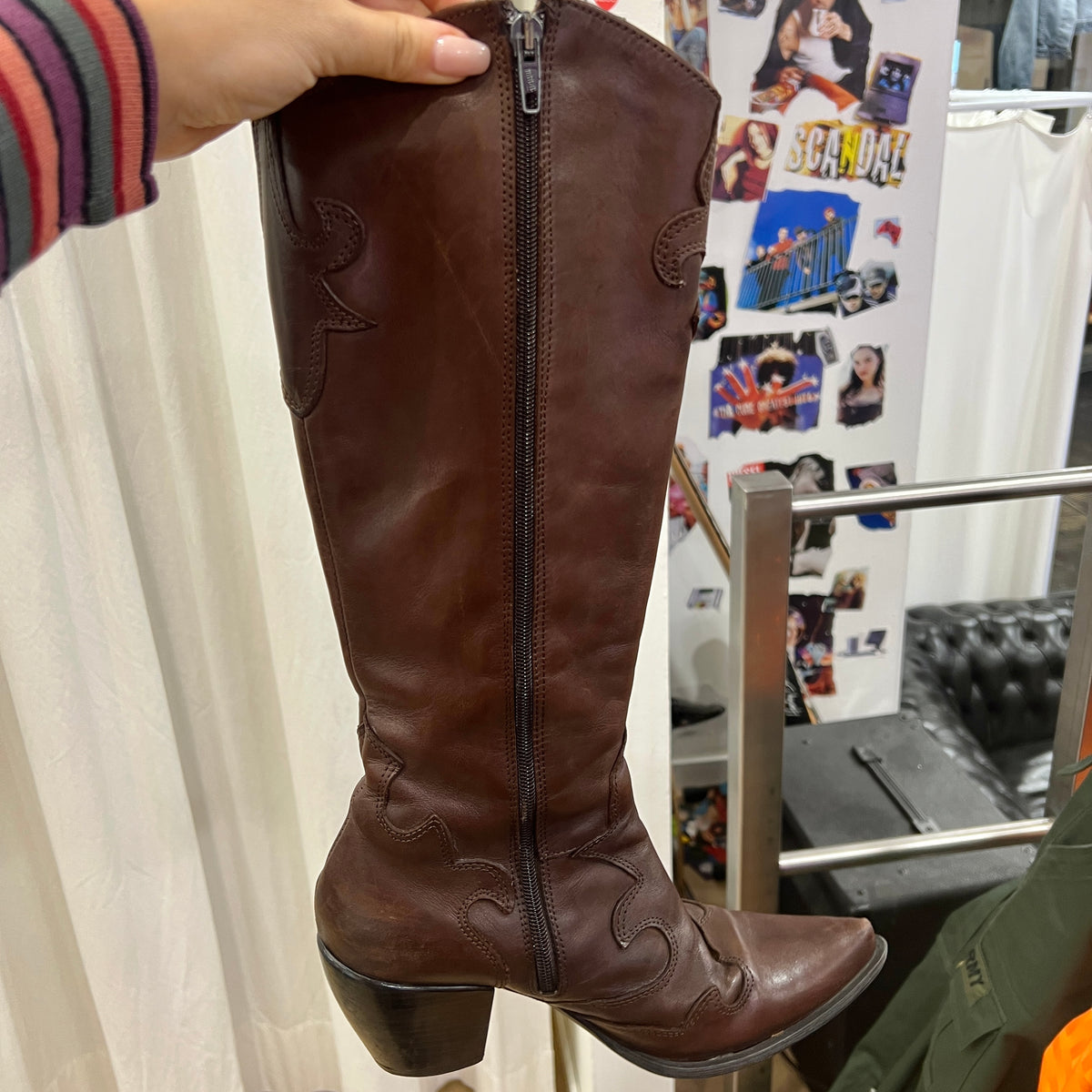 chocolate brown leather knee high western cowboy boots