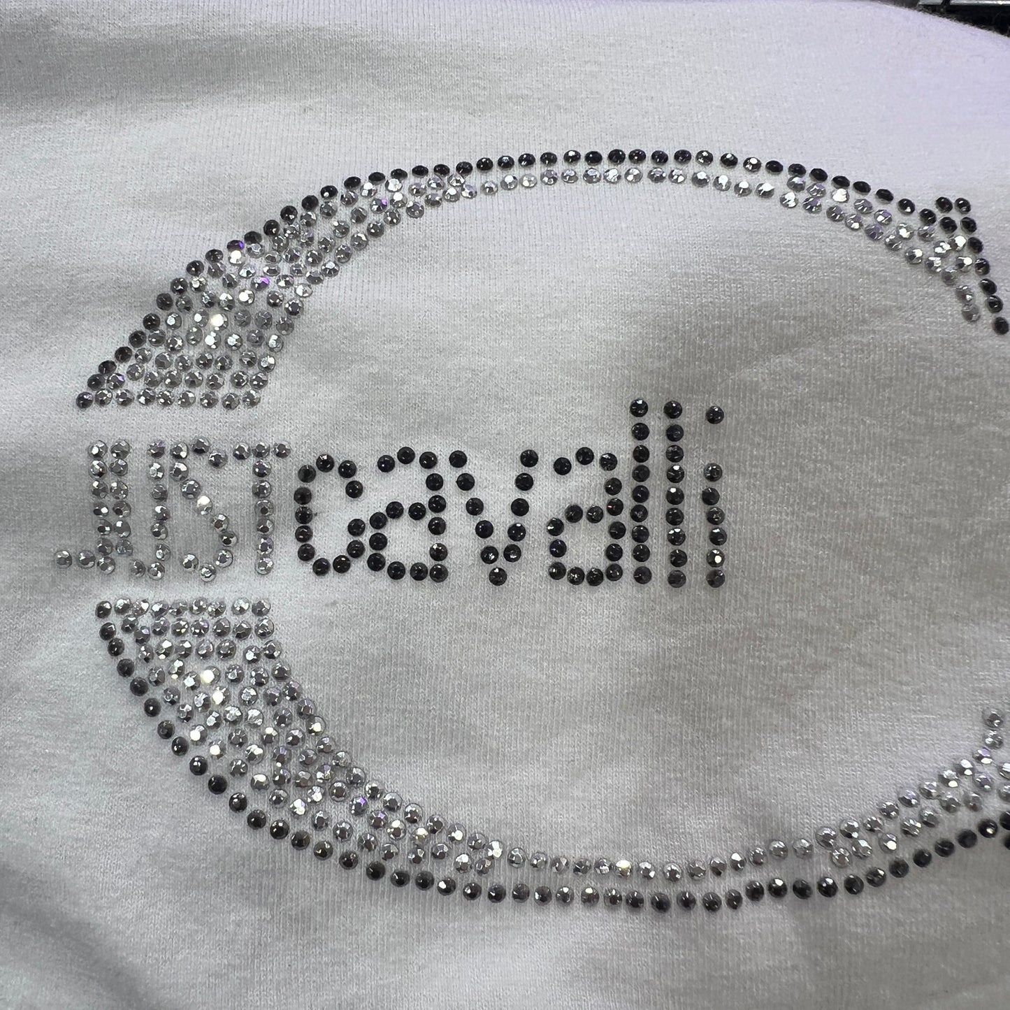 just cavalli 00s white side tie tank top with silver rhynestone logo