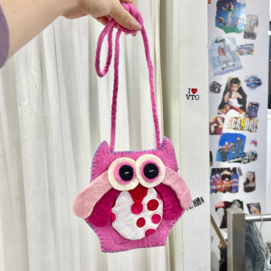 handmade pink felt owl crossbody mini bag