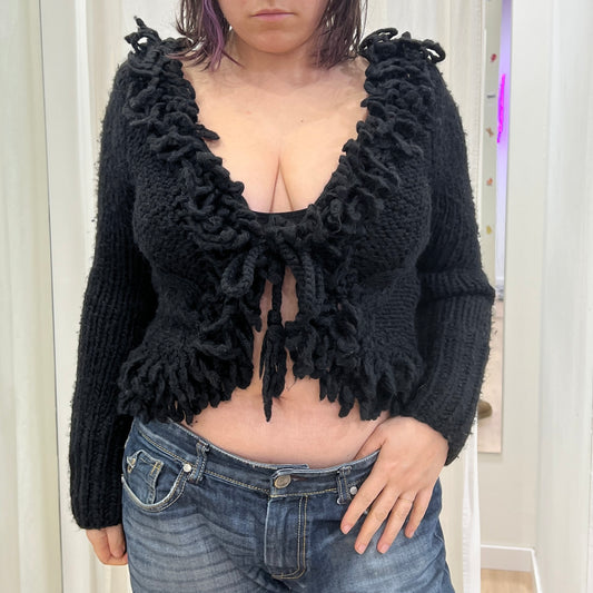 iblues 00s black wool knit front tie cardigan with fringes