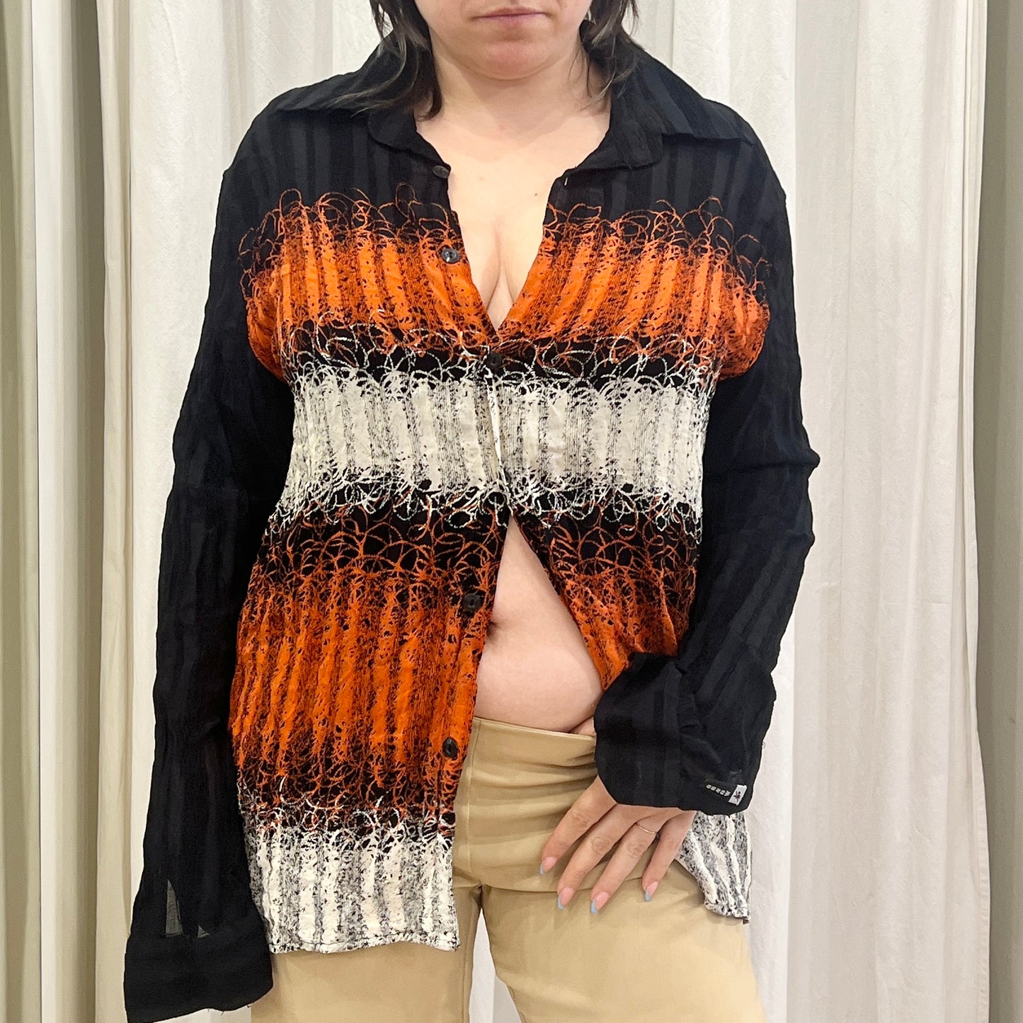 mondo 00s pleated black orange white striped shirt