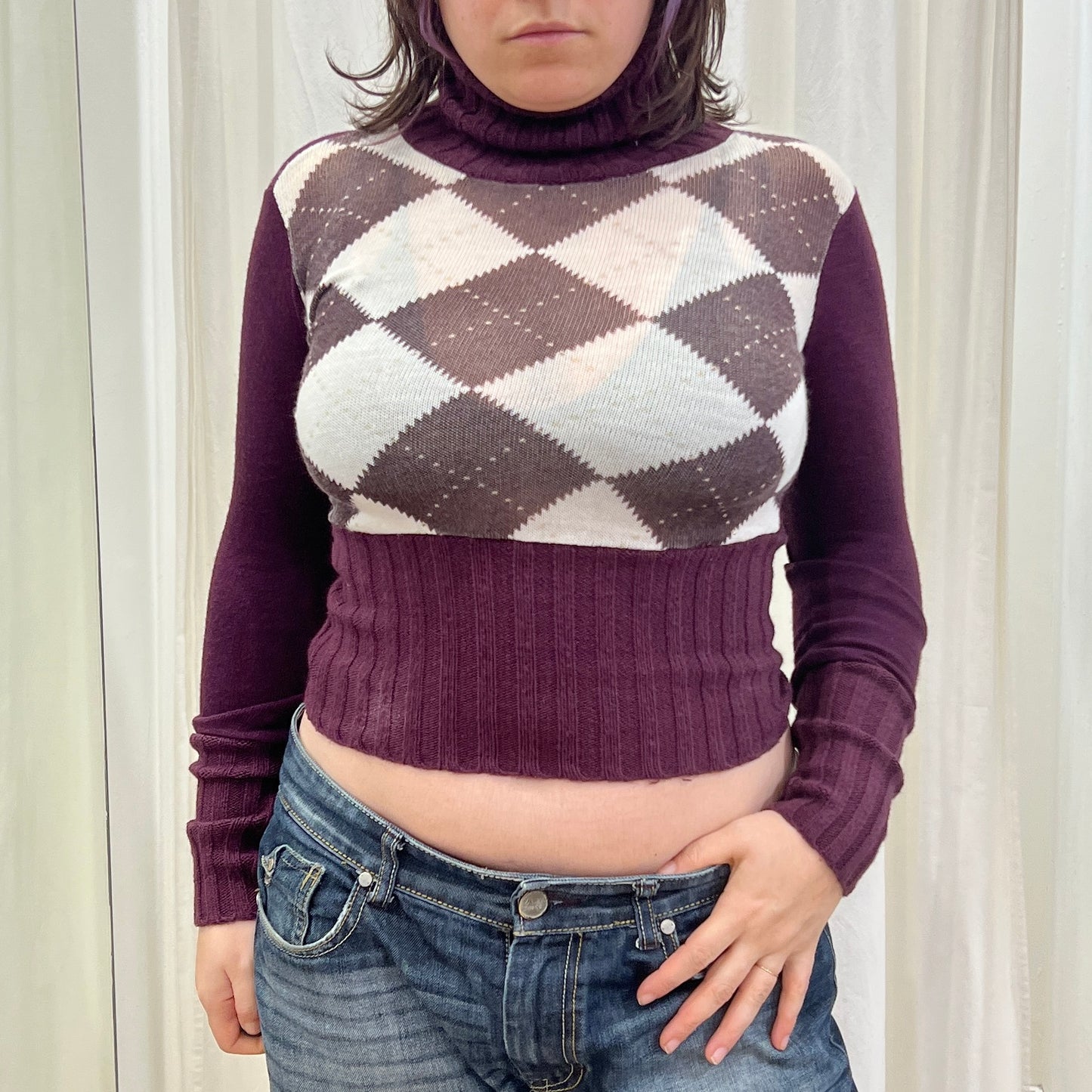 00s white purple wool blend argyle crop roll neck sweater