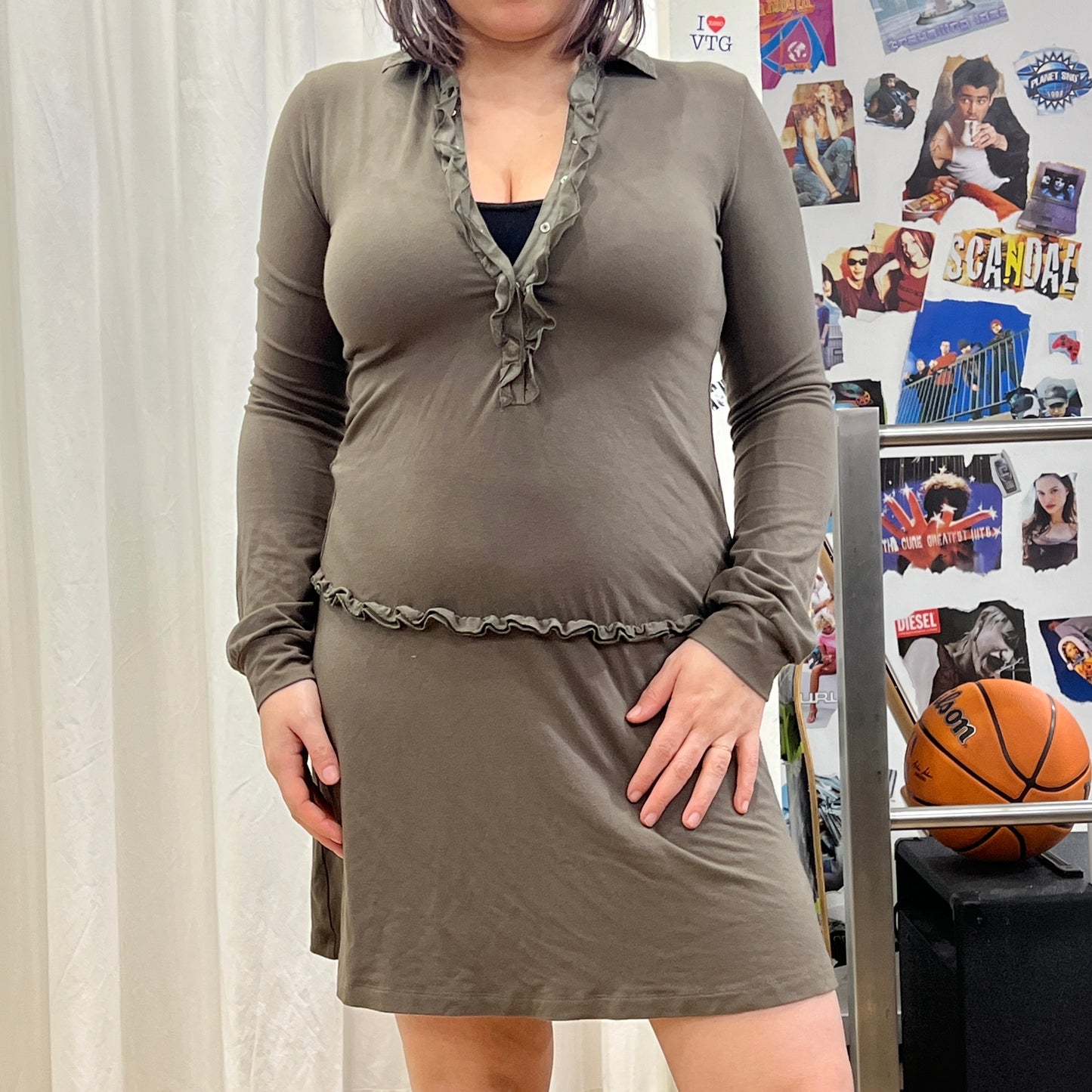liu jo 00s army green long sleeve minidress with ruffles