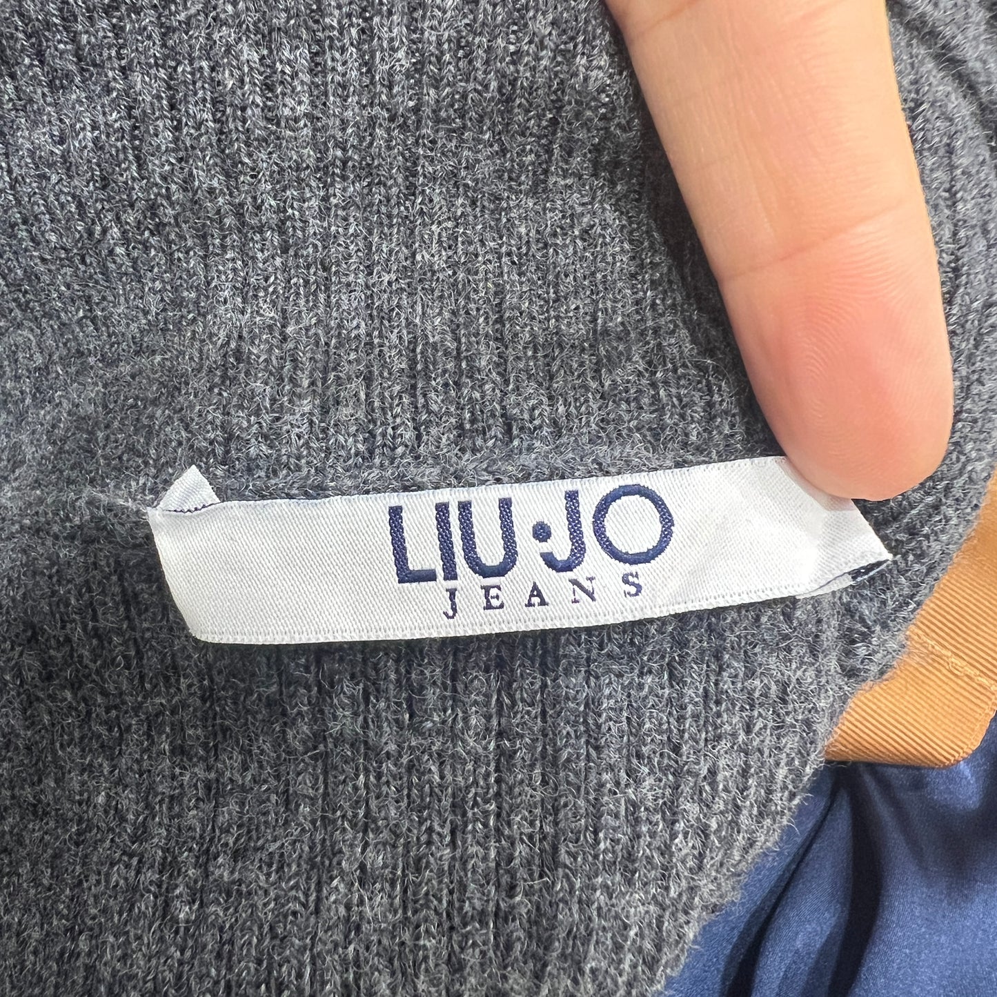 liu jo grey wool roll neck minidress with blue skirt and gold bow