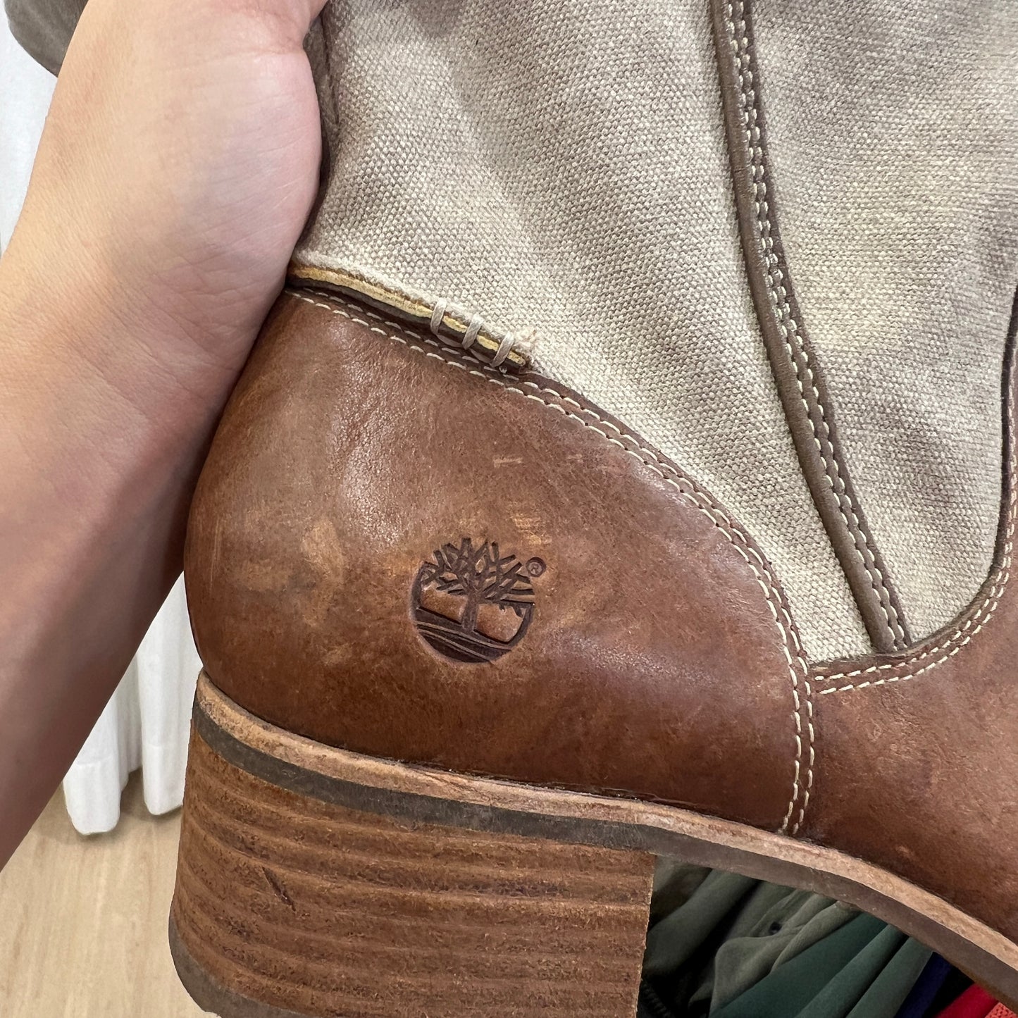 timberland brown leather beige canvas knee high equestrian boots