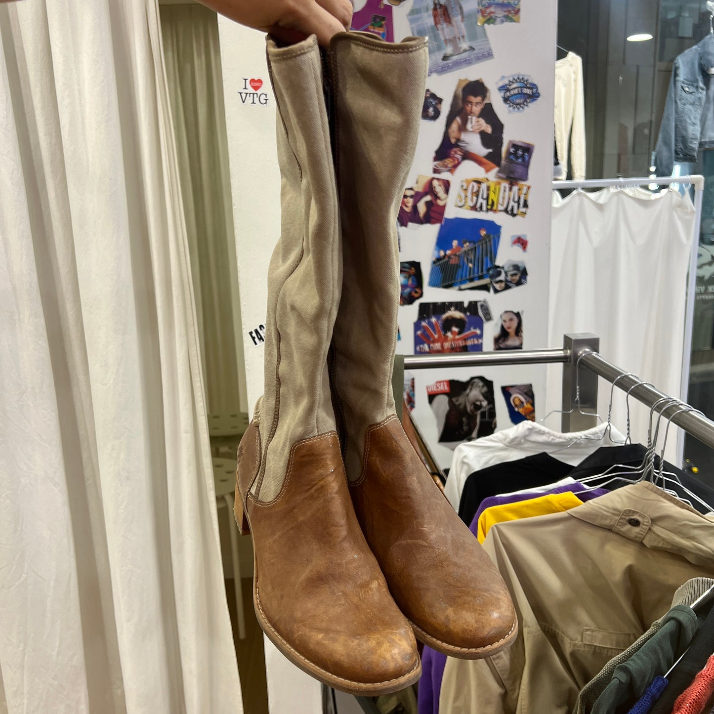timberland brown leather beige canvas knee high equestrian boots