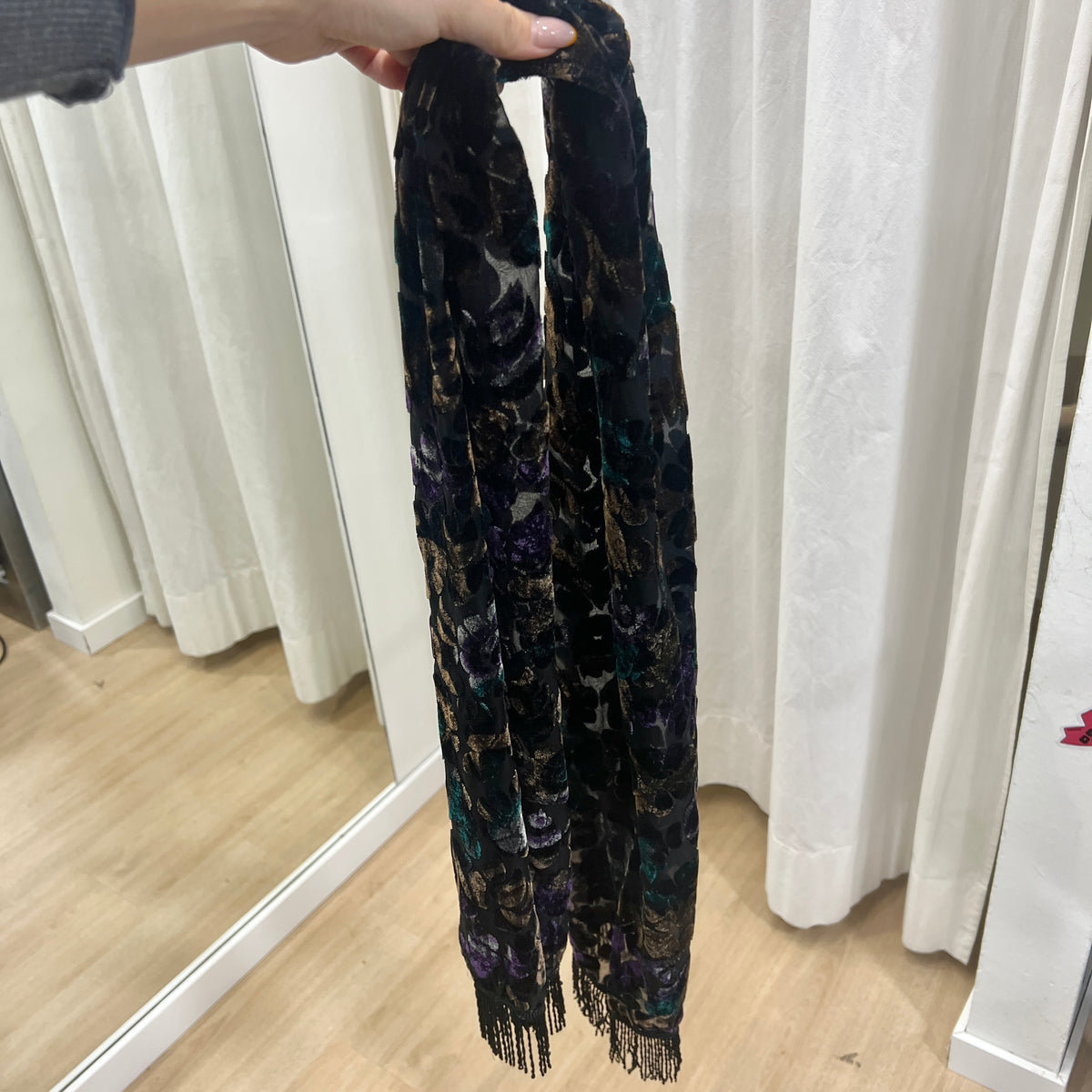 black sheer skinny scarf with velvet floral print and fringes