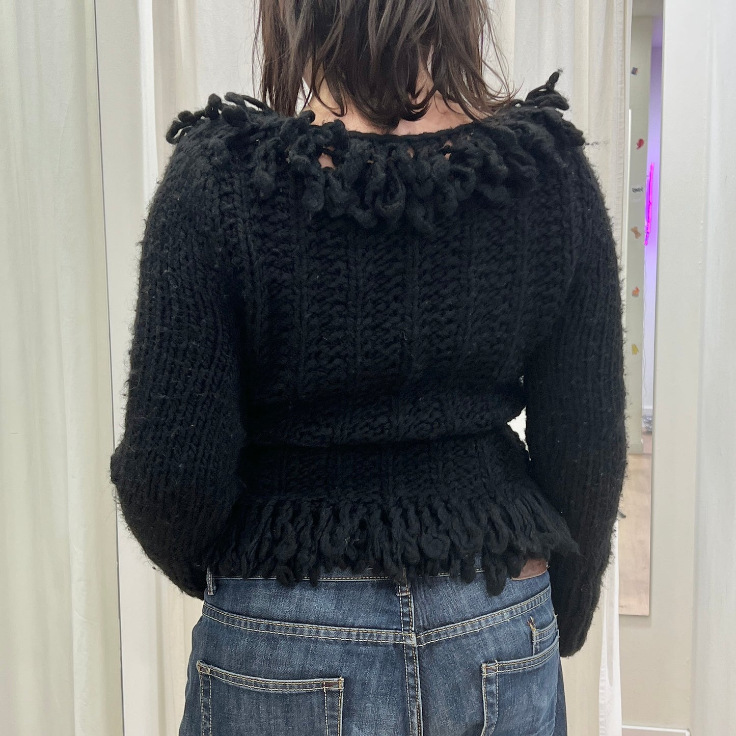iblues 00s black wool knit front tie cardigan with fringes