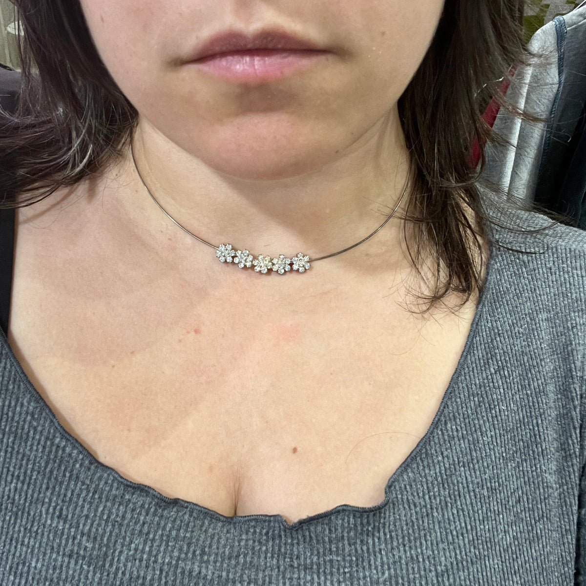 silver wire choker with little rhynestone flowers