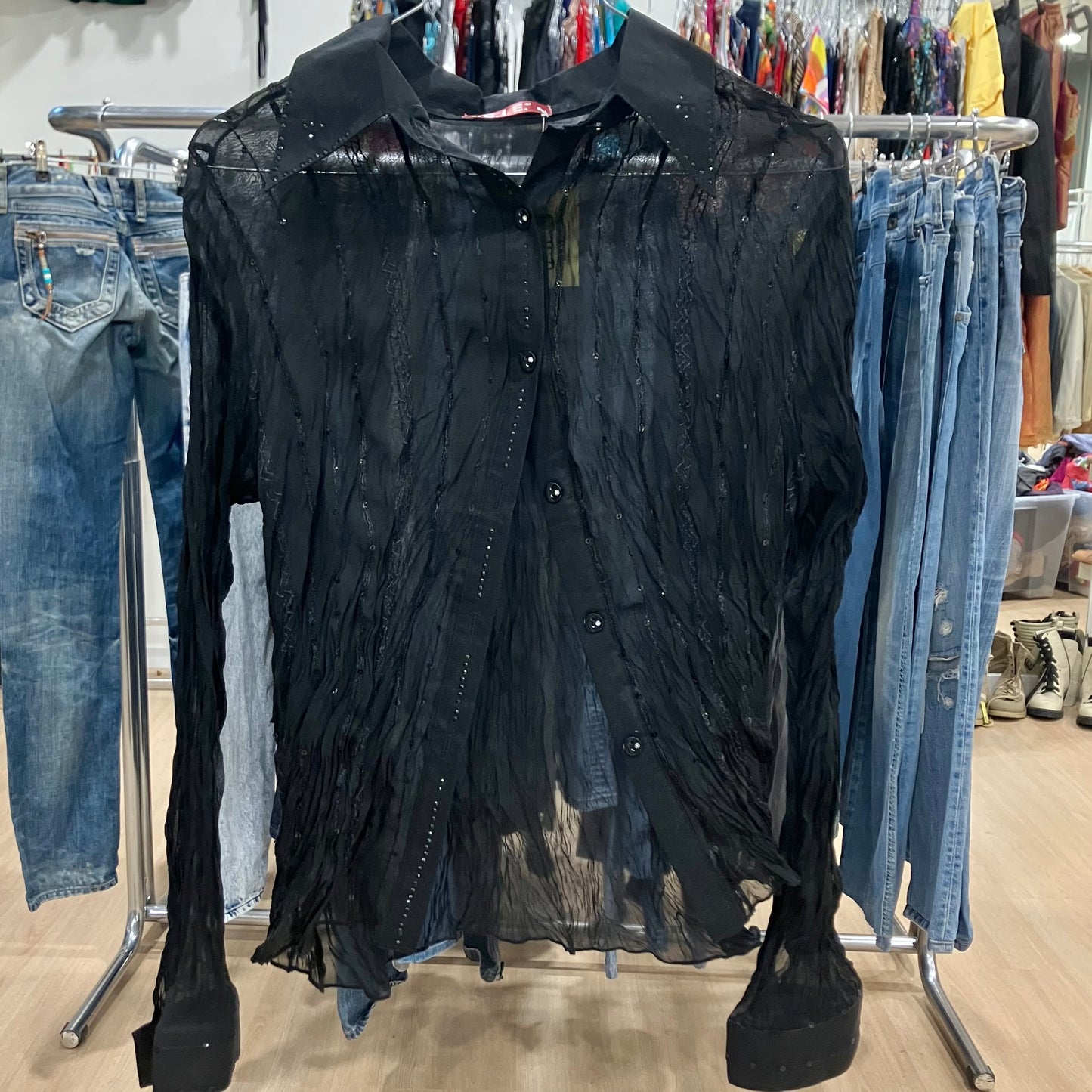 I.C.I.E. 90s black sheer silk crinkled shirt with sequin embroidery