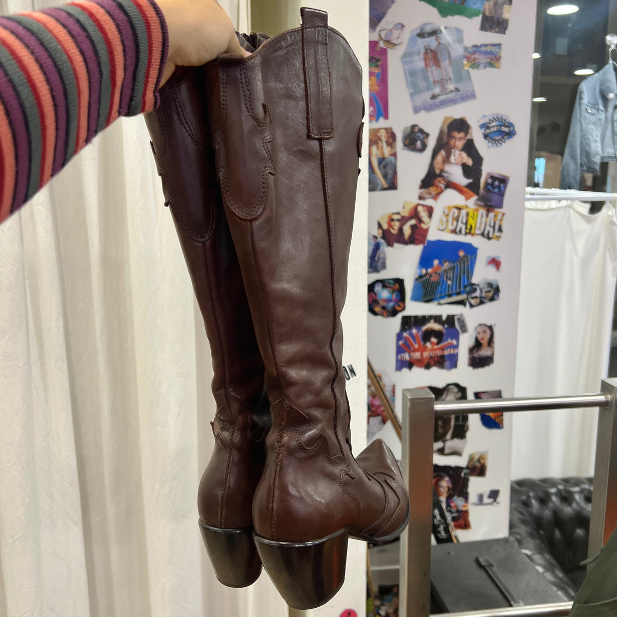 chocolate brown leather knee high western cowboy boots