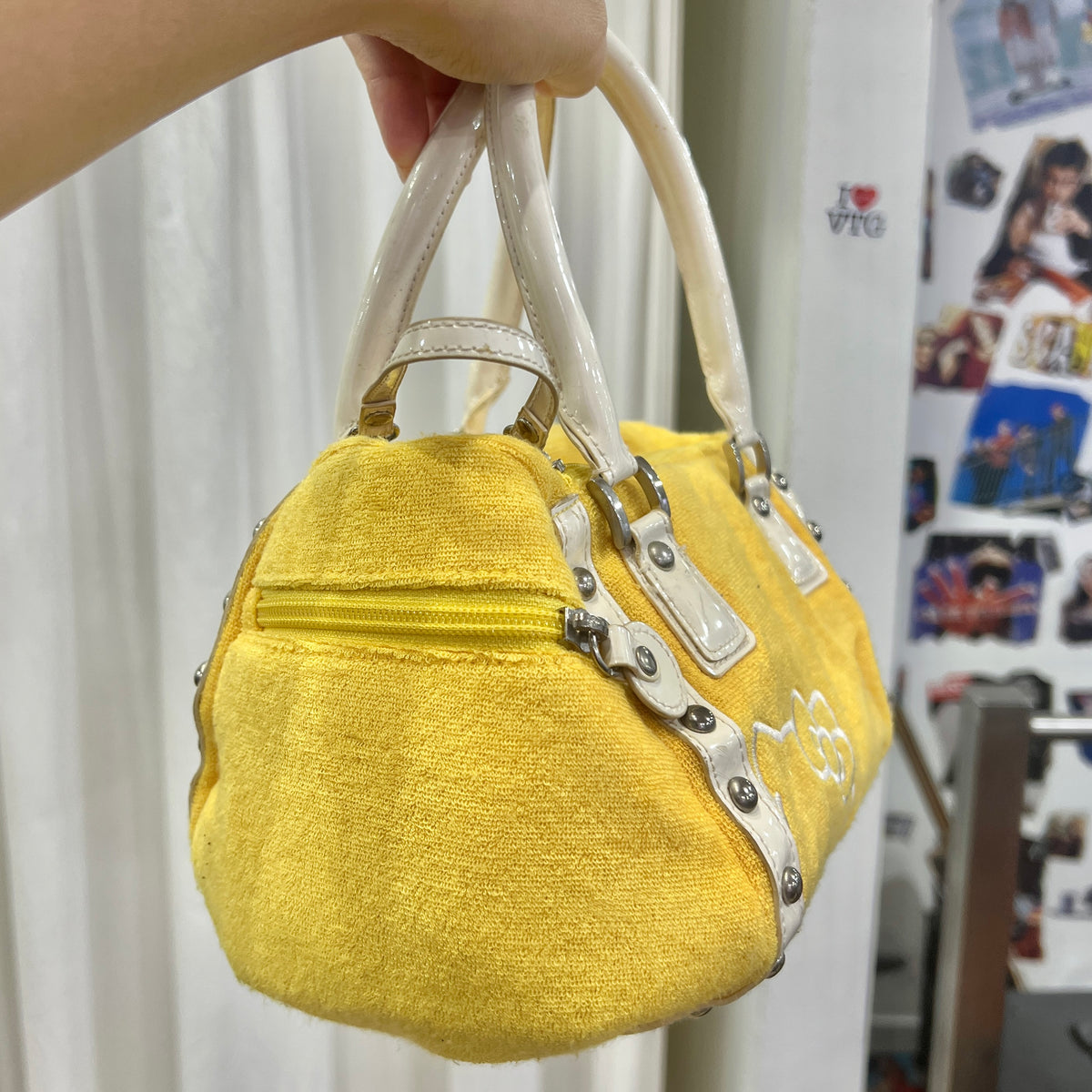 hello kitty sanrio 2007 yellow terry cloth mini trunk bag with white details and silver studs