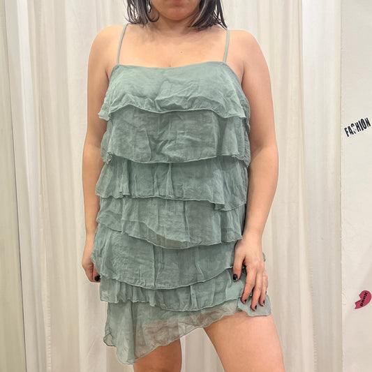 00s aqua silk ruffle minidress with spaghetti straps