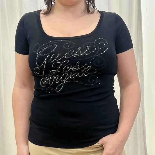 guess los angeles 00s black short sleeve top with silver rhinestone logo