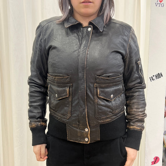 '10s brown leather bomber jacket with wool lining