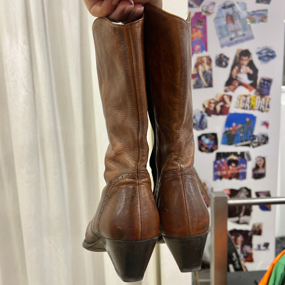 rush brown leather western cowboy mid calf pointy chunky heel boots