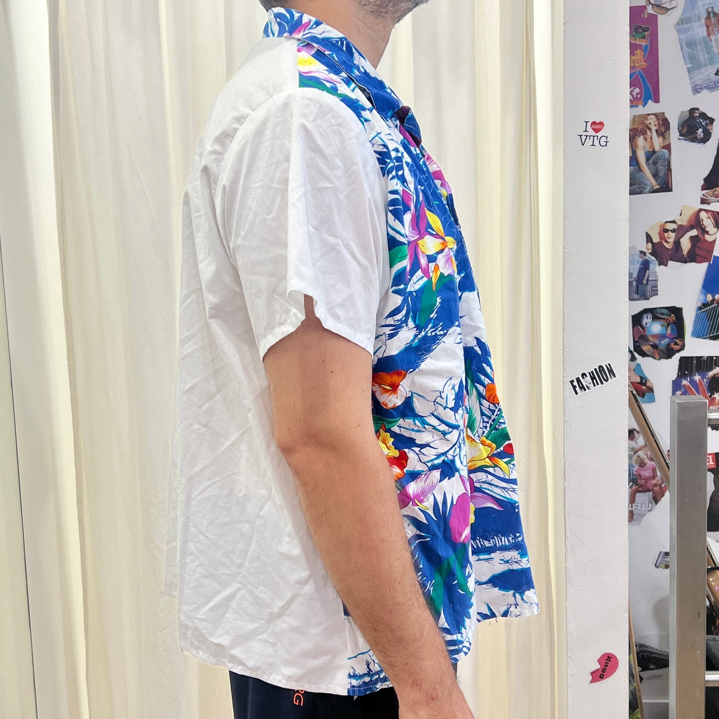 handmade 00s white blue hawaiian shirt with colorful flowers