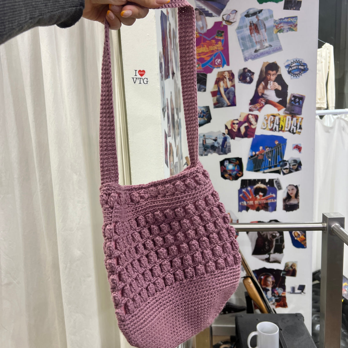 lilac purple knit wool shoulder bag with felt lining