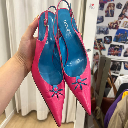 bolero 00s fuchsia blue leather pointy slingback heels